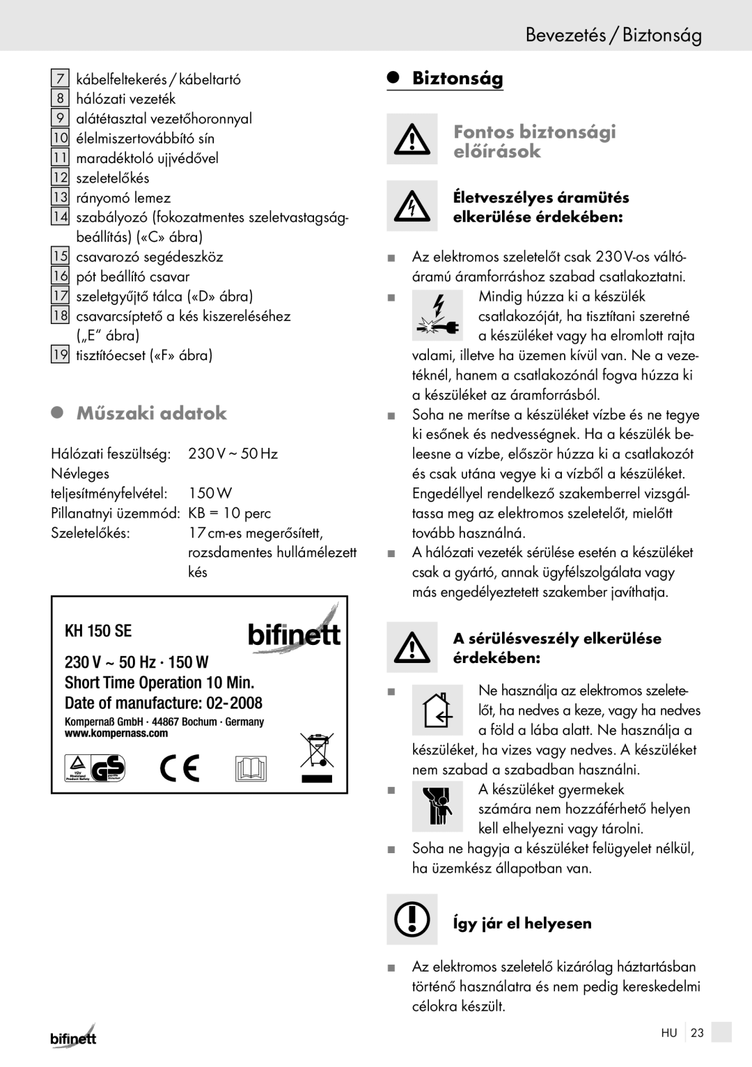 Bifinett KH 150 manual Bevezetés / Biztonság, Műszaki adatok, Fontos biztonsági előírások 